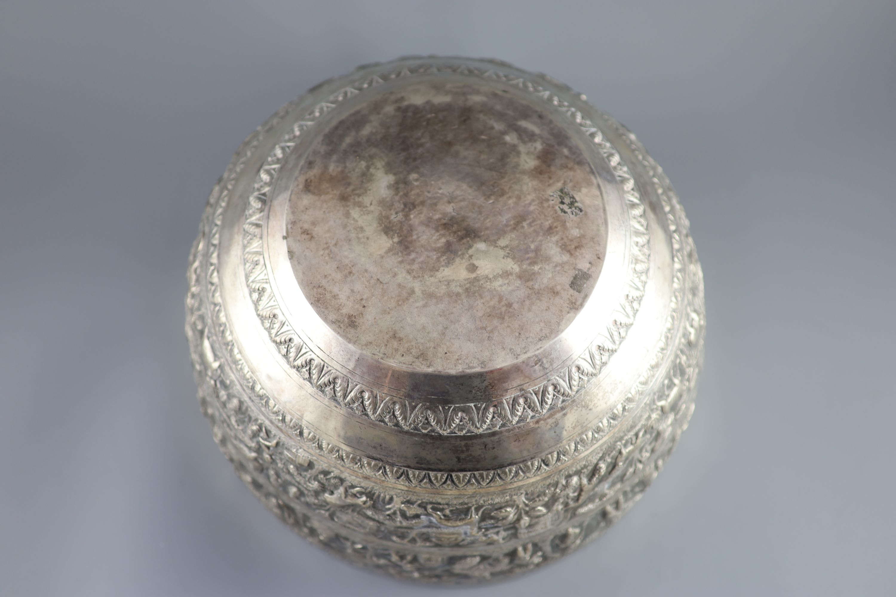 A large late 19th century Indian export embossed silver bowl, diameter 31.2cm, height 20.1cm, 36oz.